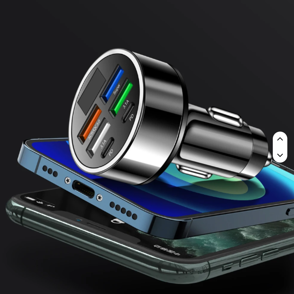 100W 6-in-1 Multi-Port Car Charger – Super Fast Charging with Digital Display for Mobile Phones & Devices