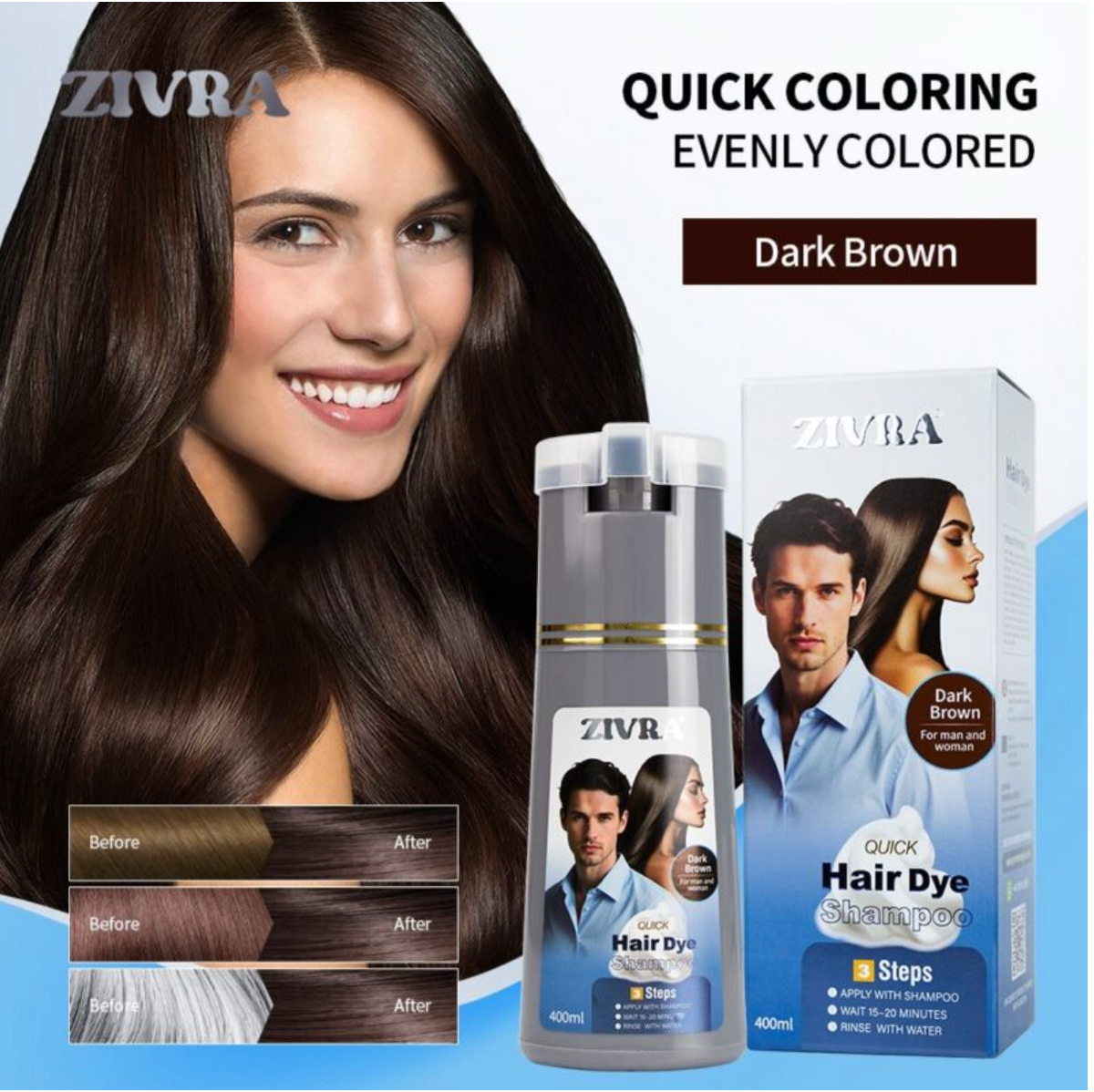 Natural Black & Dark Brown 400ml Instant Hair Color Shampoo | ZIVRA Hair Dye Shampoo For Men \& Women