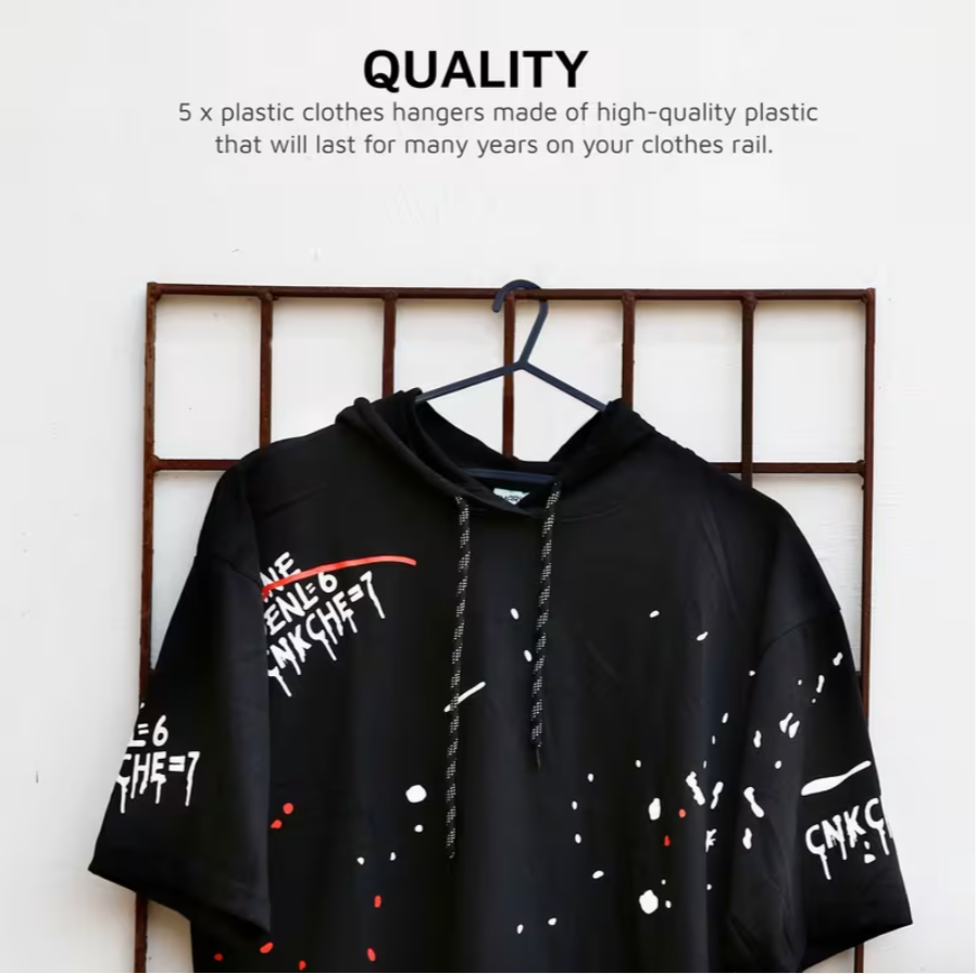 10 Pcs Adult Coat Hangers for Clothes – Black Plastic Hangers with Trouser Bar & Anti-Slip Lips (37cm Wide)