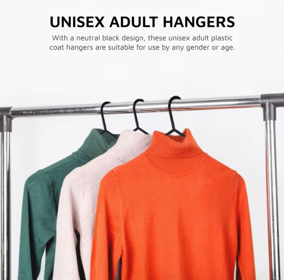 10 Pcs Adult Coat Hangers for Clothes – Black Plastic Hangers with Trouser Bar & Anti-Slip Lips (37cm Wide)