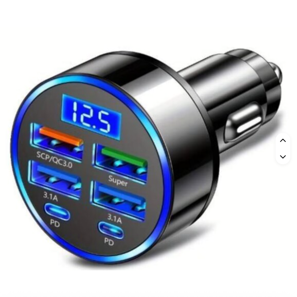 100W 6-in-1 Multi-Port Car Charger – Super Fast Charging with Digital Display for Mobile Phones & Devices