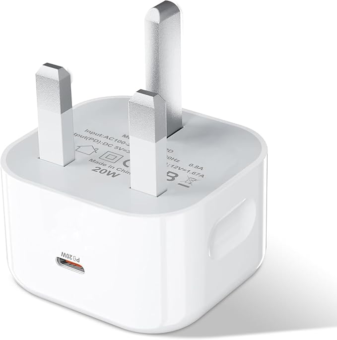 USB C Plug, 20W Power Adapter UK Plug – Fast Charge USB-C Wall Charger for iPhone 15/15 Plus/15 Pro/15 Pro Max, iPad Pro, Samsung S23 Ultra/S22/S21 & More