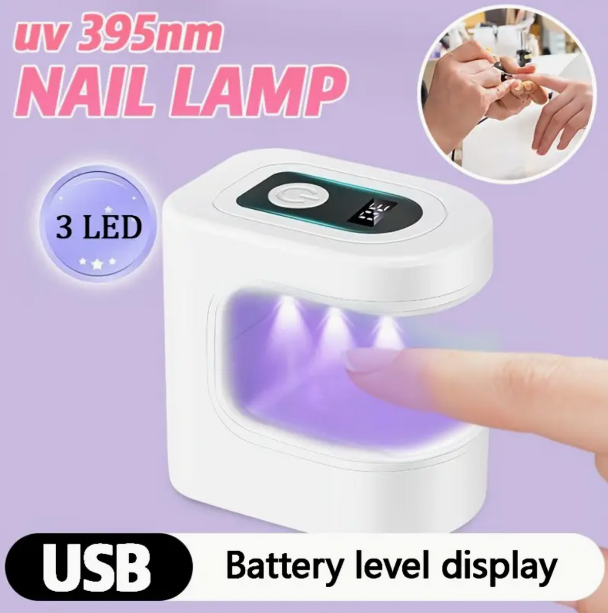 Mini Portable Nail Lamp – USB Rechargeable LED 395nm | Countdown Timer & Power Button | Compact Nail Art Tool for Gel & Nail Polish | Salon, Home & Travel Use