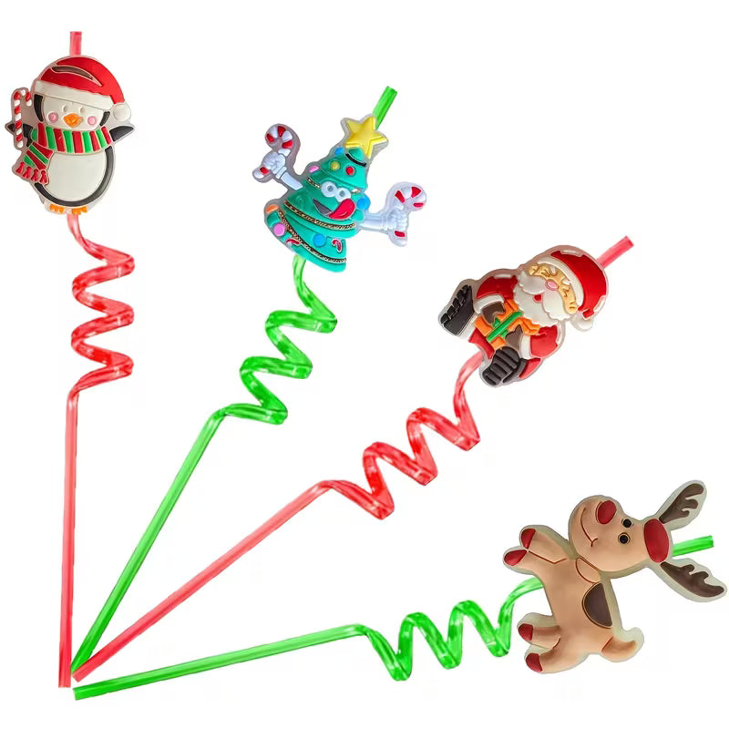 2pcs Reusable Christmas Party Straws – Santa, Elf, Tree & Rudolph Designs
