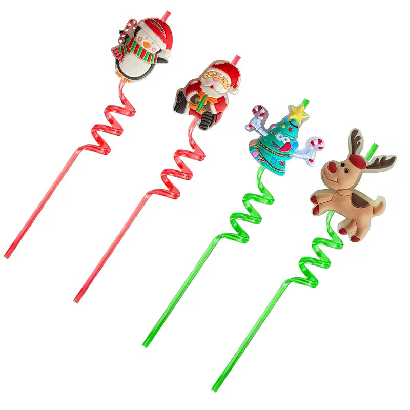 2pcs Reusable Christmas Party Straws – Santa, Elf, Tree & Rudolph Designs