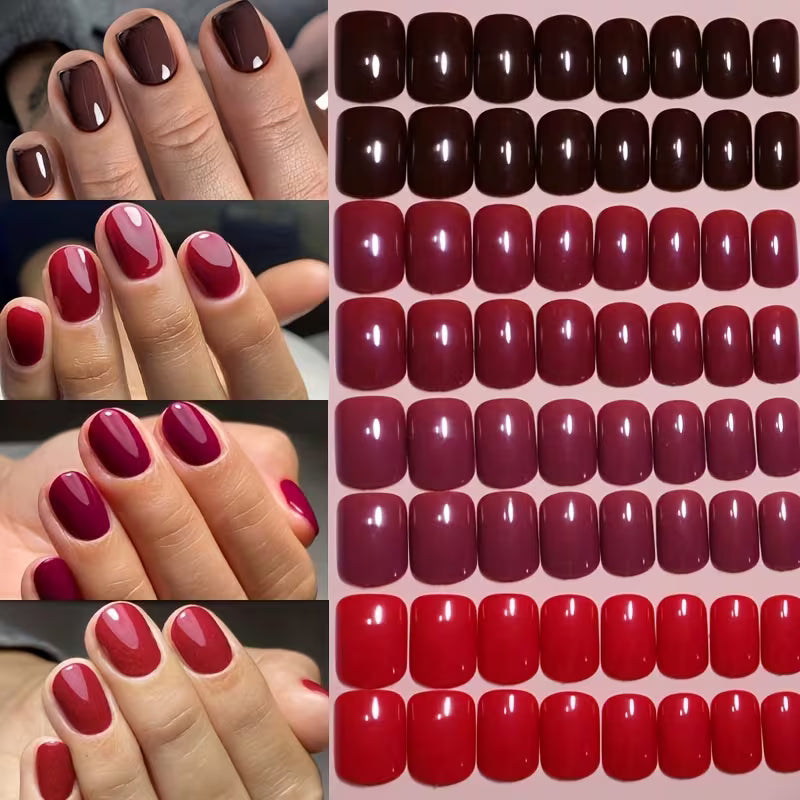 96pcs Red Solid Colour Short Square Press-On Nails, Glossy Artificial False Nails with Adhesive Tape and Nail File
