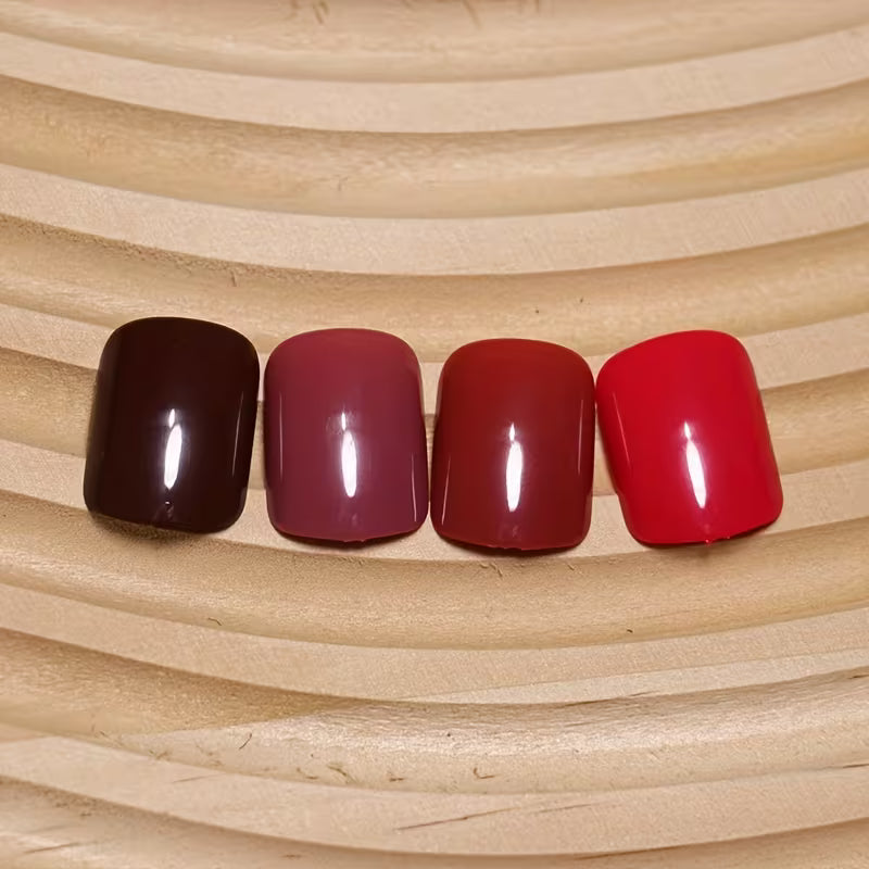 96pcs Red Solid Colour Short Square Press-On Nails, Glossy Artificial False Nails with Adhesive Tape and Nail File