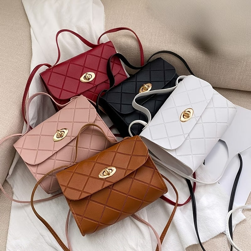Women's Crossbody Bag, Diamond Pattern Small Square Clutch with Flap and Lock, Casual Shoulder Bag with Adjustable Long Strap