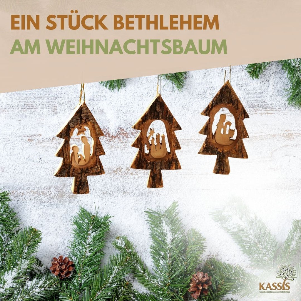 Krippen-Anhänger aus Olivenholz im Tannenbaum mit Rinde (3er Set) | Baumschmuck & Weihnachtsdeko für Advent und Weihnachten
