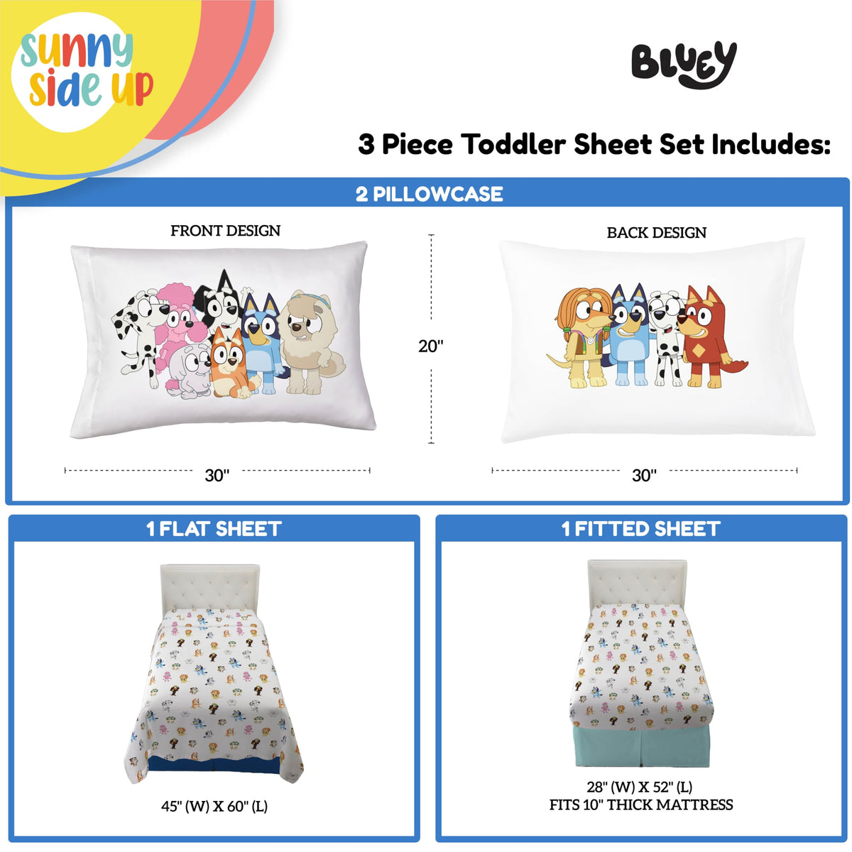 Bluey & Friends Toddler Sheet Set – 3-Piece Microfiber Bedding | Sunny Side Up